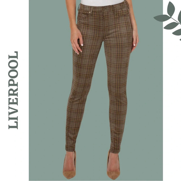 LIVERPOOL MADONNA  SKINNY TARTAN Stretch Pant Brown Tan Size - Picture 1 of 8